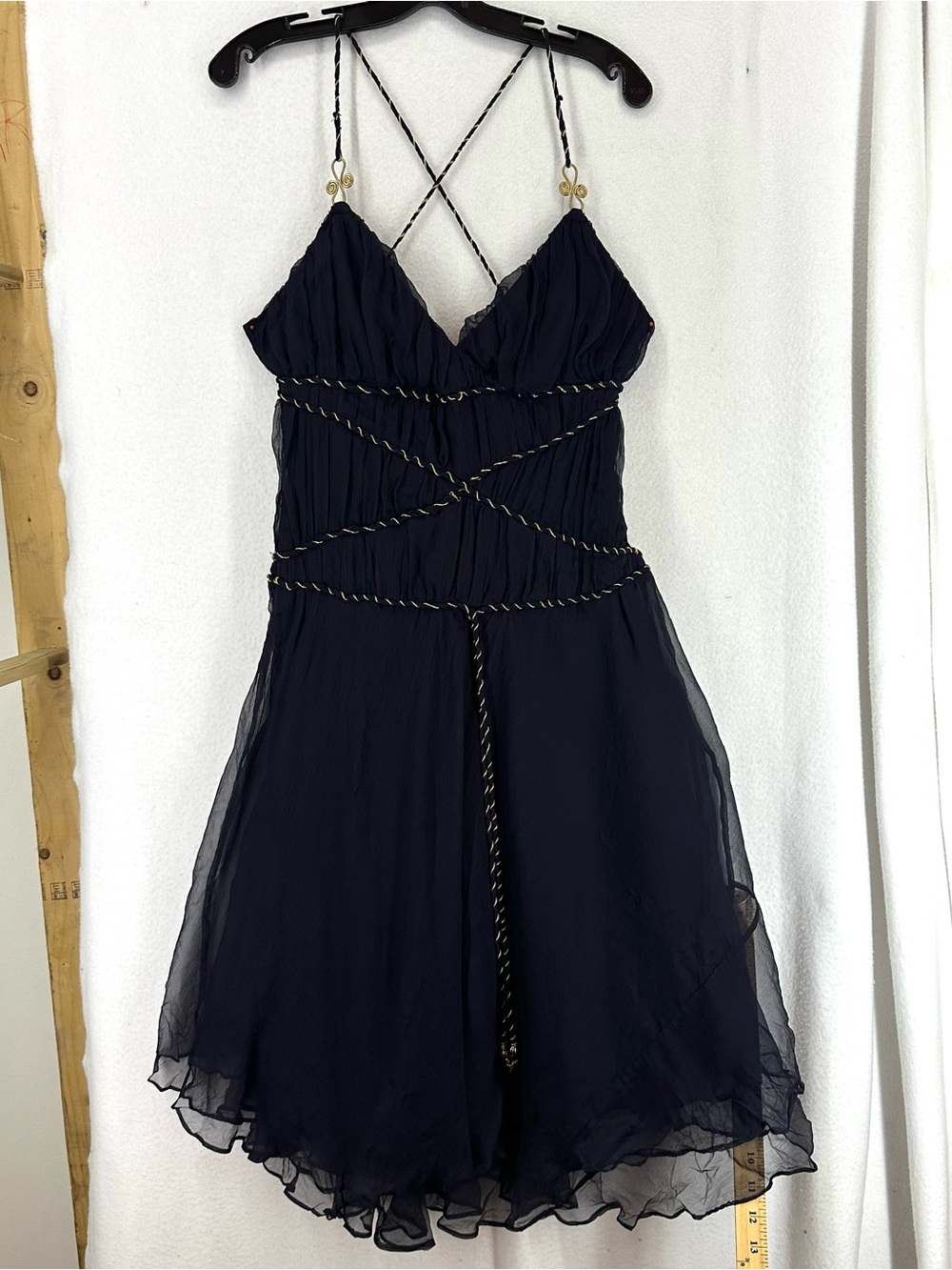 ECI New York Silk Navy Chiffon Crisscross Back Cocktail Dress Women’s 6